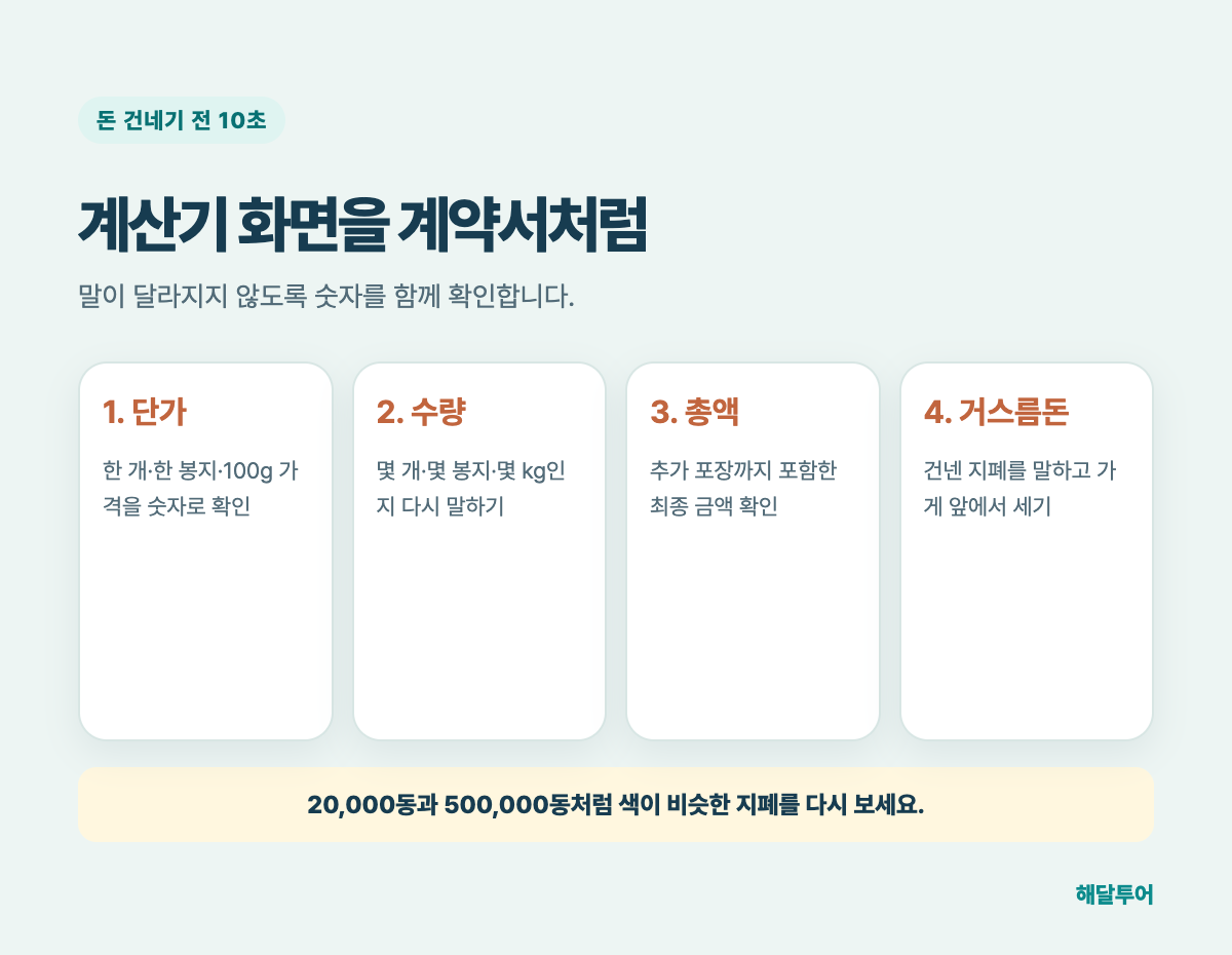 담시장 결제 전 단위 수량 총액 거스름돈 체크